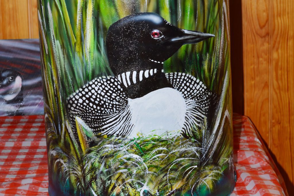 Nesting Loon Adirondack Milk Can hand-painted art for sale at adirondackart.org