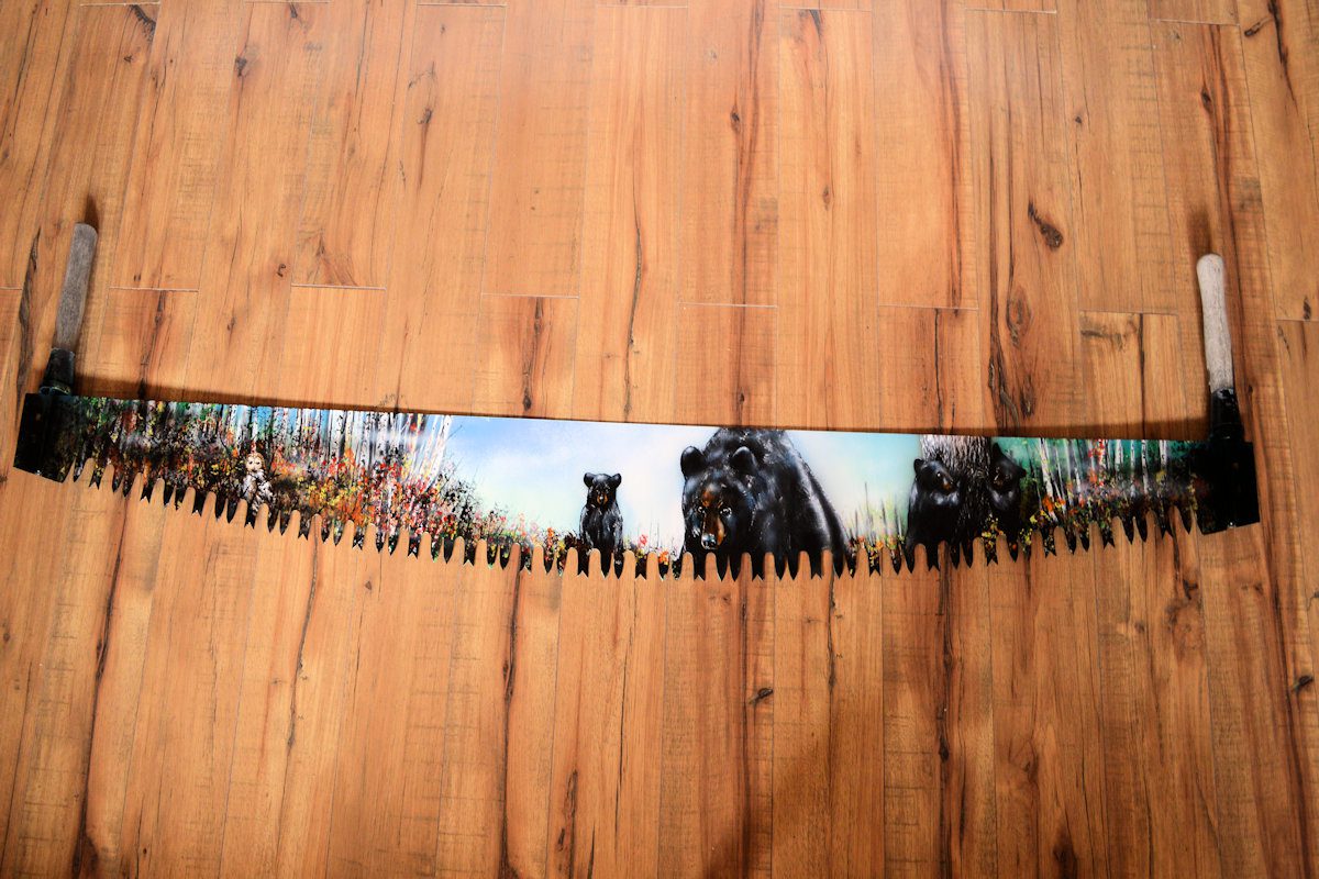 Bear With Cubs on Antique Saw with Fall Foliage hand-painted art for sale at adirondackart.org