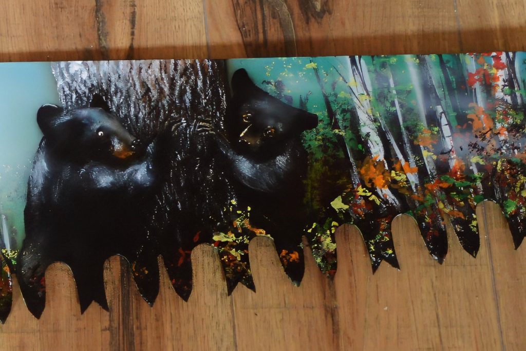 Bear With Cubs on Antique Saw with Fall Foliage hand-painted art for sale at adirondackart.org