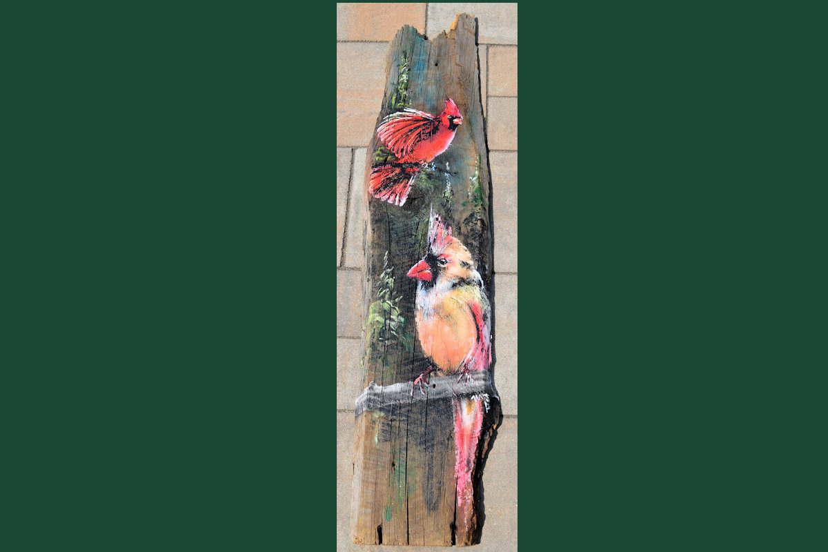 Cardinal Couple on Wood hand-painted art for sale at adirondackart.org