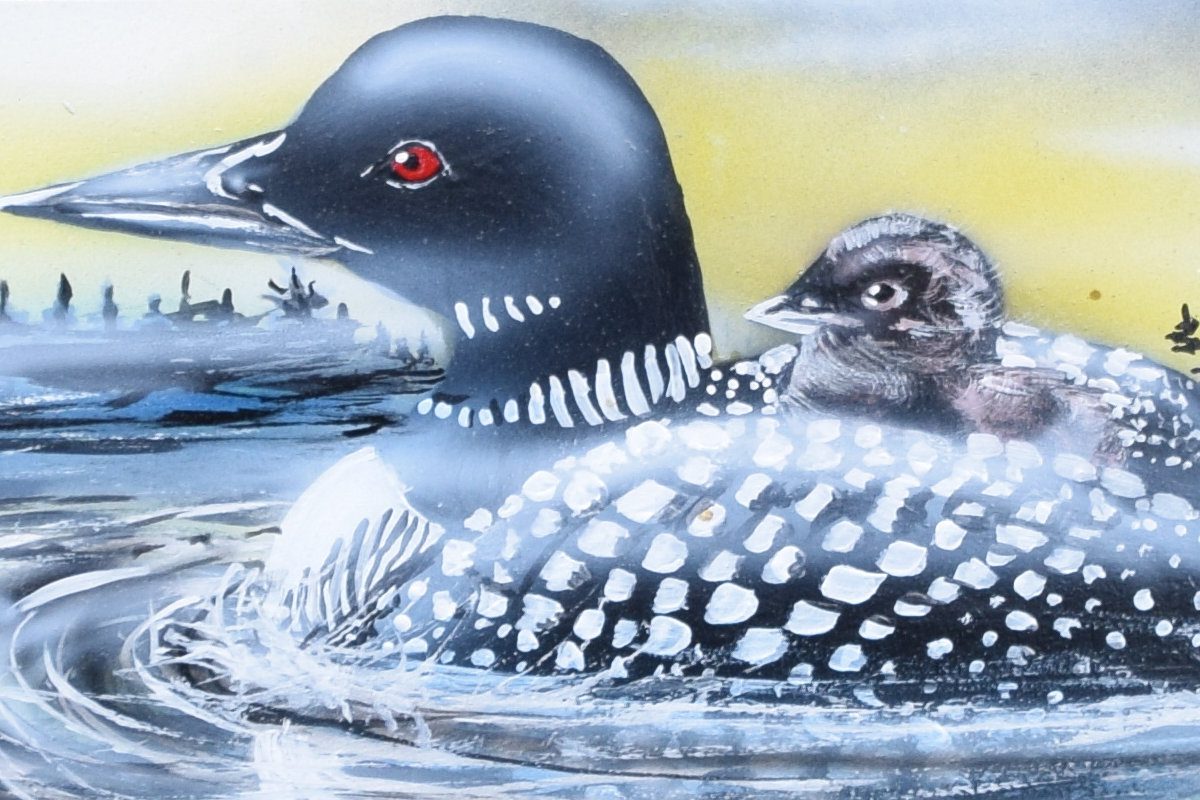 Sunrise Loons on Antique Hand Saw with Fall Foliage hand-painted art for sale at adirondackart.org