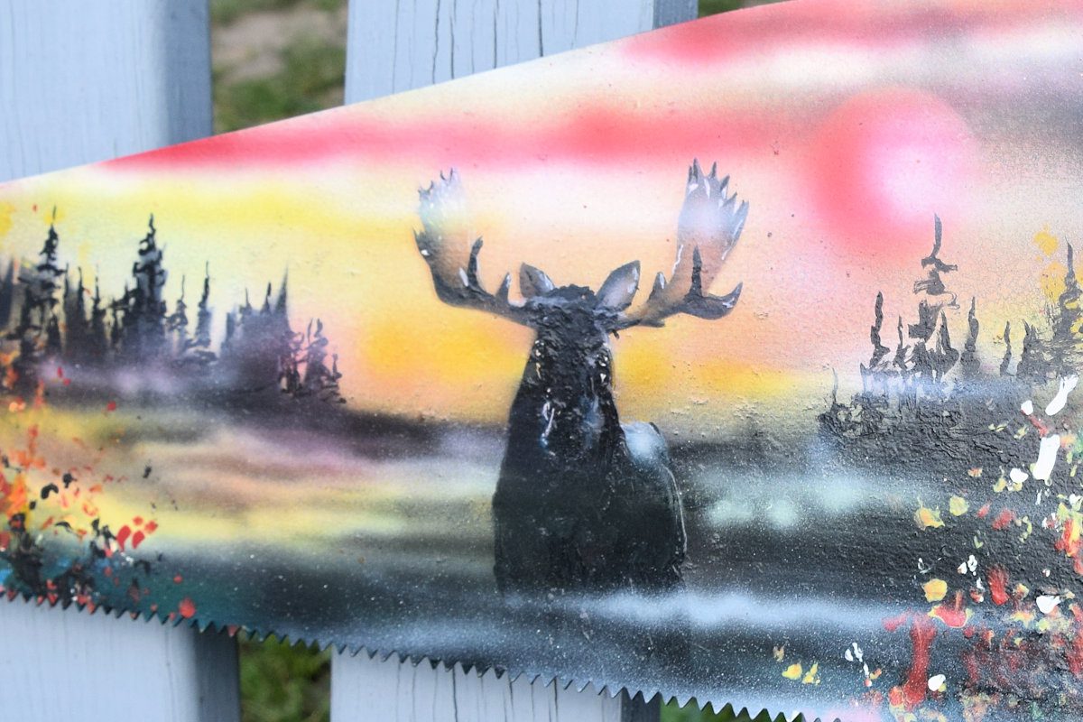 Moose at Sunset on Antique Hand Saw with Fall Foliage hand-painted art for sale at adirondackart.org