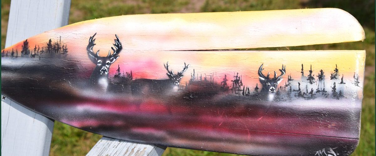 Whitetail Deer Pursuit on Canoe Paddle hand-painted art for sale at adirondackart.org