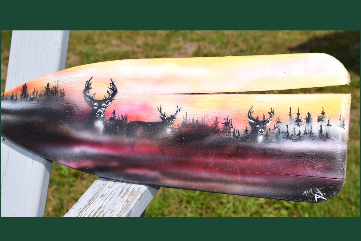 Whitetail Deer Pursuit on Canoe Paddle hand-painted art for sale at adirondackart.org