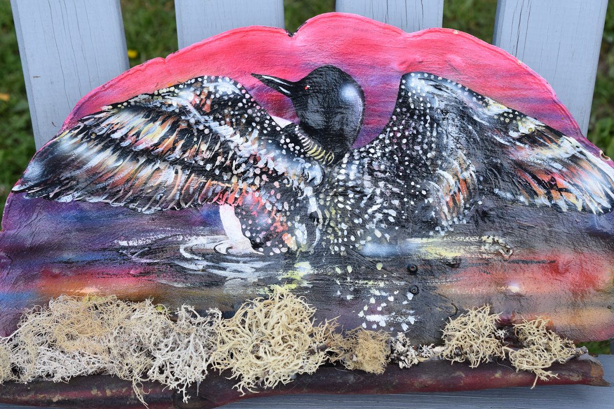 Loon at Sunset on Shelf Fungus with Cover hand-painted art for sale at adirondackart.org