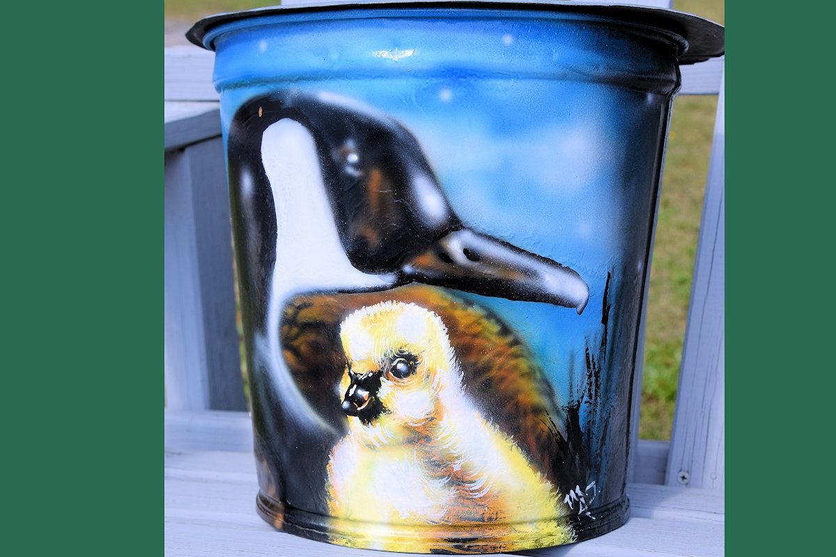 Canada Goose Chick With Mom on Antique Sap Bucket with Cover hand-painted art for sale at adirondackart.org