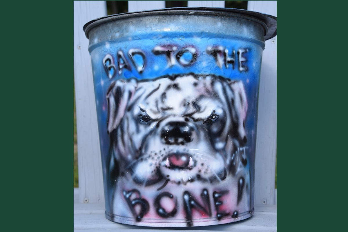 Bulldog Portrait on Antique Sap Bucket with Cover hand-painted art for sale at adirondackart.org