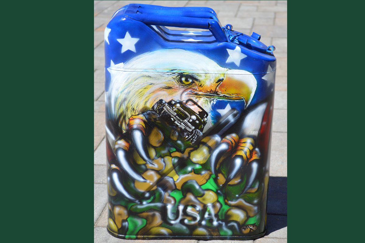 Patriotic Vintage Jeep Jerry Can hand-painted art for sale at adirondackart.org