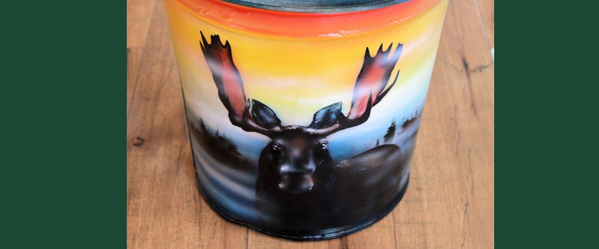 Moose at Sunset on Antique Sap Bucket hand-painted art for sale at adirondackart.org