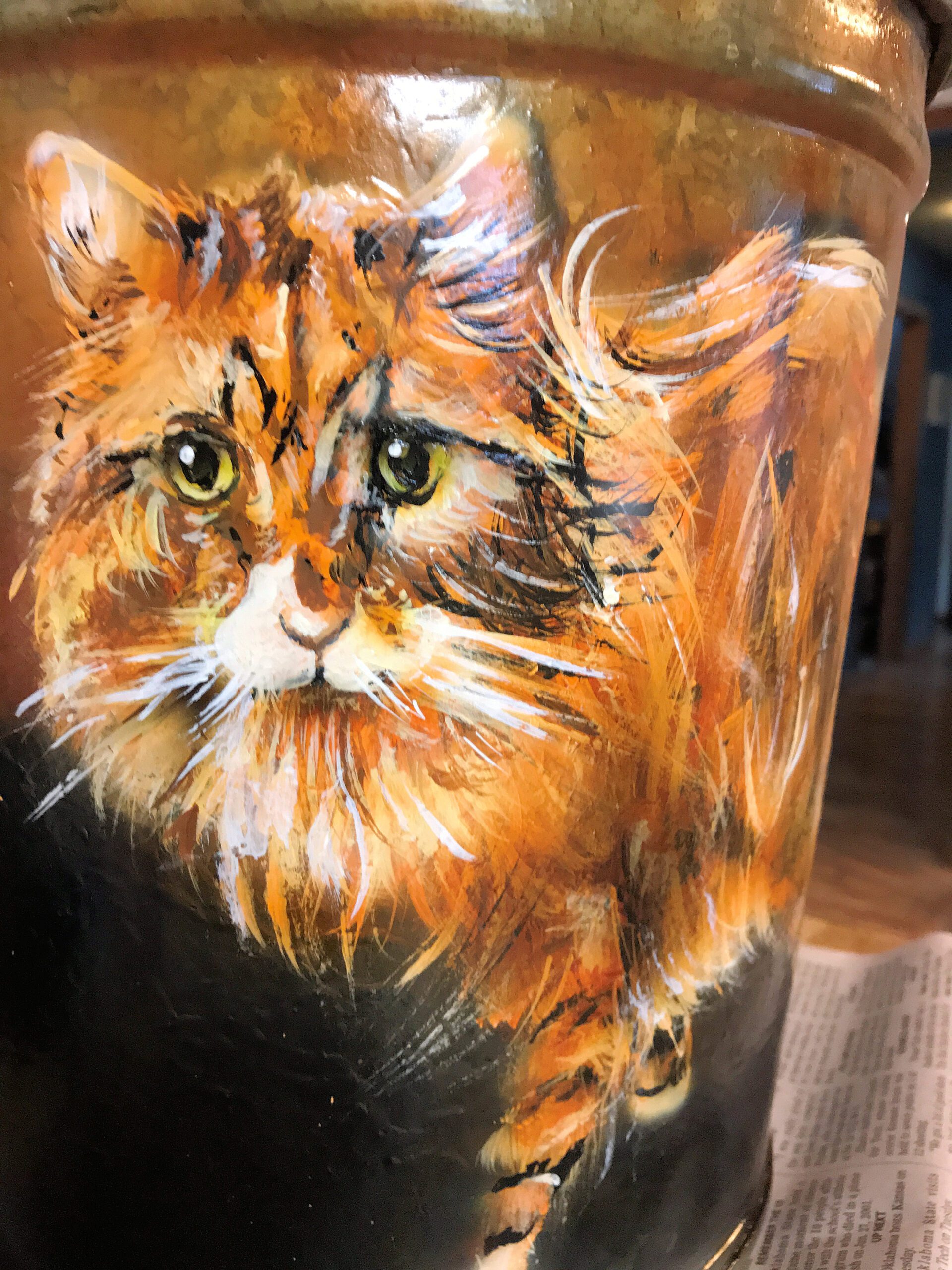 Calico cats painted on a barn pail. Custom pet painting.